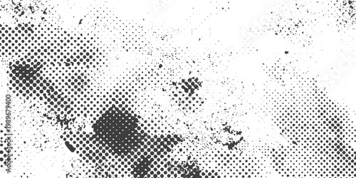 Abstract Black and White Grunge Halftone Texture Vector Background with Distressed Dot Pattern and Grainy Noise