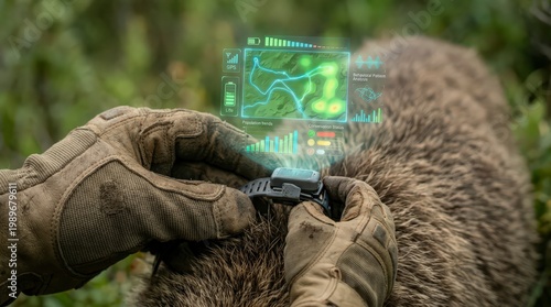 Wildlife Biologist Tracking Animal Movement via Smartwatch with Holographic Data Display