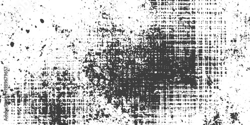 Black and White Grunge Texture Vector with Distressed Fabric Weave Pattern and Ink Splatters