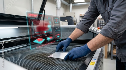 Engineer Operating Industrial Laser Cutting Machine with Holographic Toolpath Interface