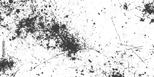 Black Ink Splatters and Distressed Grunge Texture Vector Background with Paint Spray and Scratches on White