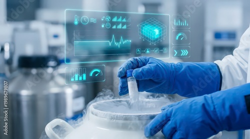 Scientist Analyzing Data with AR Interface and Cryogenic Equipment in Futuristic Lab