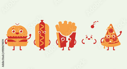 Set of Cute Happy Cartoon Fast Food Characters Including Burger Hot Dog Fries Drink and Pizza