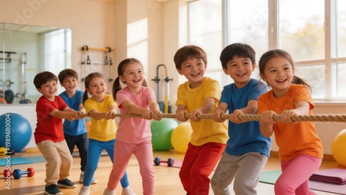 Children playing tug of war in gym
