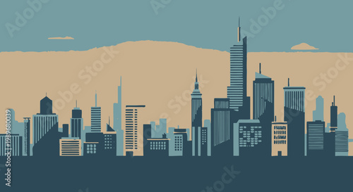 Stylish Urban City Skyline Illustration with Tall Buildings Under Brown Tan Sky, Dusk or Dawn Metropolis
