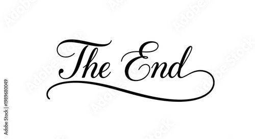 Elegant Script Text "The End" with Decorative Flourish on Isolated White Background, Movie Film Conclusion
