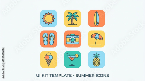 A set of colorful summer icons on a white background for UI kit template design