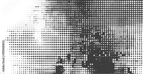 Abstract Black and White Halftone Dot Pattern with Grunge Texture and Glitch Effect Background