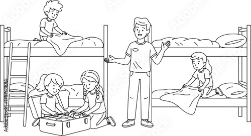 Children and Counselor Preparing for Summer Camp in a Bunk Bed Dormitory