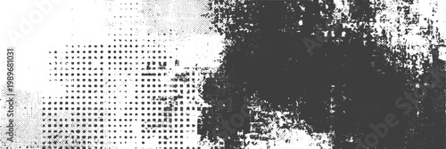 Black and White Grunge Vector Texture with Halftone Dots and Ink Splashes for Abstract Design Background