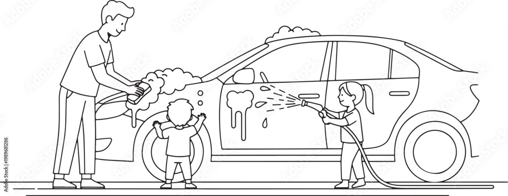 Obraz premium Father and Children Washing a Car Together Line Art Vector Illustration