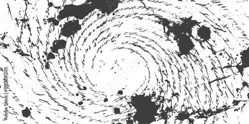Abstract Black and White Grunge Spiral Vector Background with Calligraphic Script and Ink Splatters