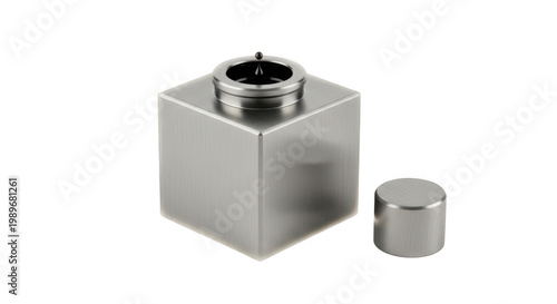 Gray modular electrical junction box with threaded conduit connectors isolated on transparent background