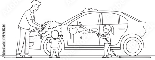 Father and Children Washing a Car Together Line Art Vector Illustration