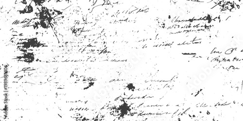 Black and White Grunge Texture with Distressed Vintage Handwriting and Ink Splatter Vector Background