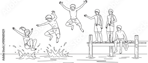 Group of Children Jumping into Water from Wooden Pier Vector Illustration
