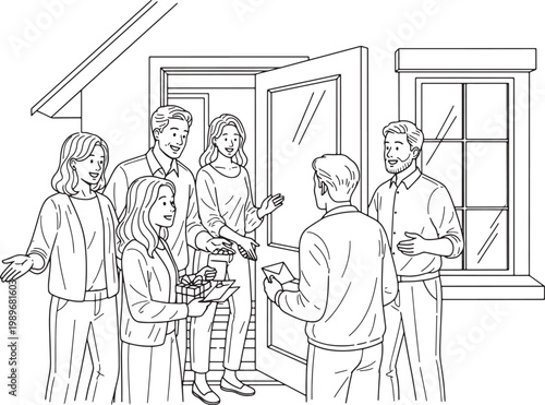 Group of Friends Arriving at a House Party with Gifts Line Art