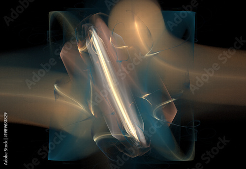 Vibrant digital fractal art featuring glowing blue, cyan, and golden light trails swirling around a central dark void. Energetic cosmic motion background.