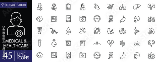 Medical and healthcare icons set. Includes symbols of hospital, doctor, medicine, first aid, treatment, and health services. Editable stroke. Vector illustration. Outline icons.