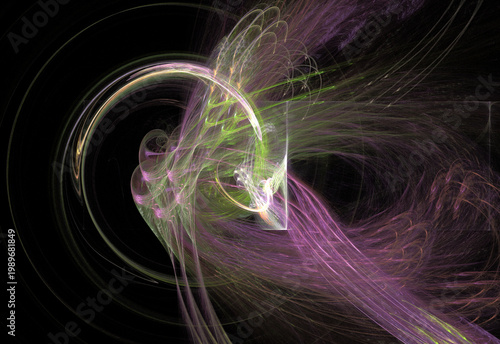 Vibrant digital fractal art featuring glowing blue, cyan, and golden light trails swirling around a central dark void. Energetic cosmic motion background.