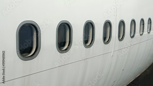 Row of aircraft cabin windows on a clean white fuselage, captured in detail with minimalistic composition and subtle reflections, symbolizing air travel and transportation