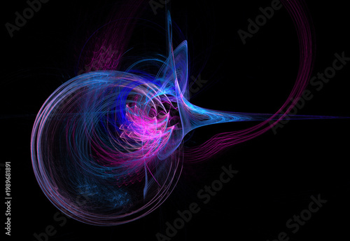 Vibrant digital fractal art featuring glowing blue, cyan, and golden light trails swirling around a central dark void. Energetic cosmic motion background.