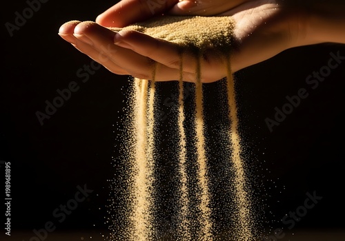 Golden sand slipping through hands against a dark background symbolizing time