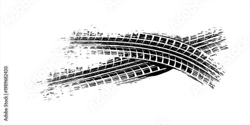 Tire tread marks, wheel textures, tire marks - car racing, motocross, drift, rally, off-road and others. Vector black isolated texture in grunge style with splashes.eps10