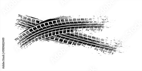 Tire tread marks, wheel textures, tire marks - car racing, motocross, drift, rally, off-road and others. Vector black isolated texture in grunge style with splashes.eps10