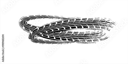 Black tire marks on road, Black rubber tire marks and tread marks, Tire trace track wheels texture and background, Auto tire tread grunge, Car wheel tyre tread track black tyre print, Top view.
