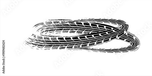 Black tire marks on road, Black rubber tire marks and tread marks, Tire trace track wheels texture and background, Auto tire tread grunge, Car wheel tyre tread track black tyre print, Top view.