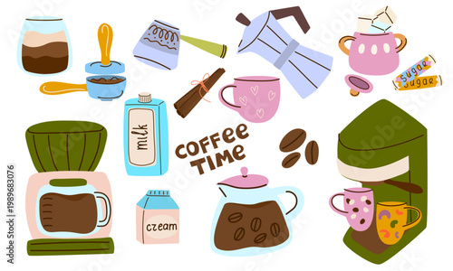 Coffee maker and cafe icon vector set. Cute kitchen tools with mugs and beans for coffee shop menu, morning blog, or bakery stickers