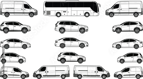 Black white vector road vehicle set, cars vans minibus and city bus, side view CAD line art outline for transport traffic logistics commuting and architectural plan design