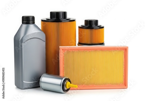 Assorted automotive filters and fluids displayed on a white background.