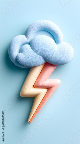 Colorful foam cloud with lightning bolt design on a light blue background, ideal for weather-themed illustrations or decorations. Selective focus