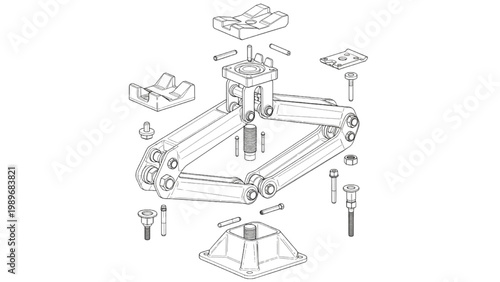 Scissor jack exploded view, mechanical lifting device CAD diagram