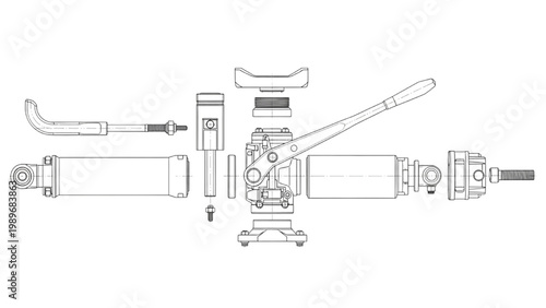 Hydraulic jack components laid out for assembly and maintenance