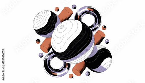 Modern Abstract Composition of 3D Geometric Primitive Shapes with Bold Topographic Patterns and Textures.eps