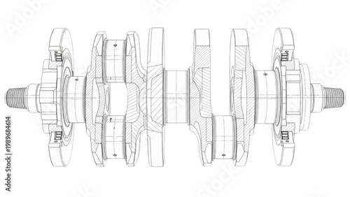 Precision-engineered crankshaft concept, a detailed wireframe blueprint for mechanical power systems