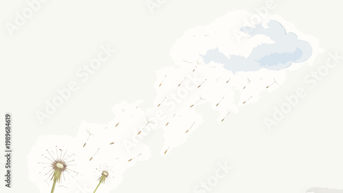Watercolor Illustration of Dandelion Seeds Blowing Toward a Soft Distant Cloud Against a Pale Minimalist Background, Gentle Wind Carrying Wildflower Seeds