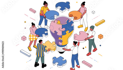 Collaborative Brainstorming Concept with People Connecting Puzzle Parts to a Central Vision.eps