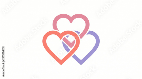Abstract graphic illustration of three interlocking hearts, beautifully intertwined to symbolize love, unity, connection, and harmonious relationships in a gentle, modern design