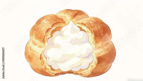 Watercolor Illustration of a Split Cream-Filled Puffed Pastry, Detailed Hand-Painted Food Art of a Fluffy Baked Dessert on a Plain Clean Background