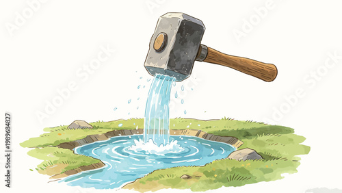 Surreal Watercolor Illustration of a Giant Oversized Stonehead Hammer Hovering Over a Small Grass-Lined Water Pool, With Fresh Clear Water Flowing Steadily From the Hammer Head Into the Pond