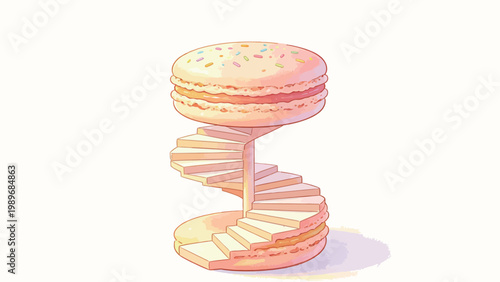 Surreal Whimsical Illustration of a Giant Macaron Staircase, Spiral Staircase Built Into Double Stacked Pink Macarons With Colorful Sprinkles on a Plain Soft Background