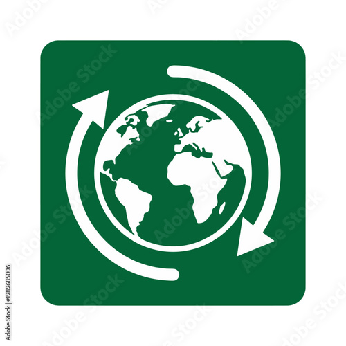 Minimalist Dark Green Square Globe with Circular Arrows International Currency Exchange Icon for Global Transfer Worldwide Payment and International Transaction Concept on Transparent Background