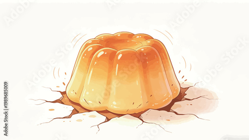 A Comically Oversized, Ultra-Solid Golden Caramel Jelly That Crashed Through a Cracked Plain Surface, Shown Trembling After Impact in a Cute Whimsical Illustration Style