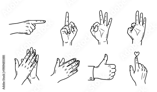 Hand drawn doodle hands vector collection with expressive gestures including pointing victory ok clap and hello isolated on white