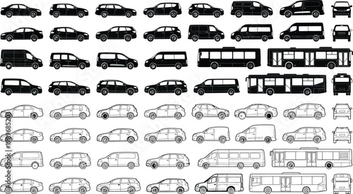 Black white vector vehicle set, cars vans minibuses and city buses, side view CAD line art and silhouette styles for transport traffic urban mobility and logistics design