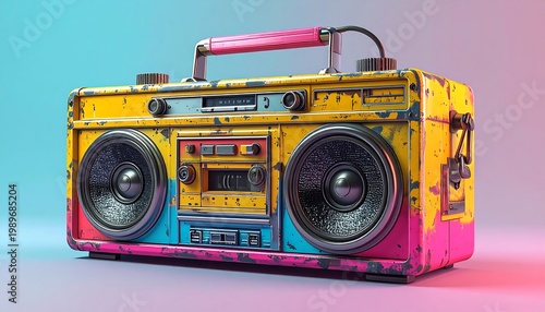 A vintage, colorful portable audio player, weathered with a metallic handle, circular speakers, and multiple dials. It has a gradient background